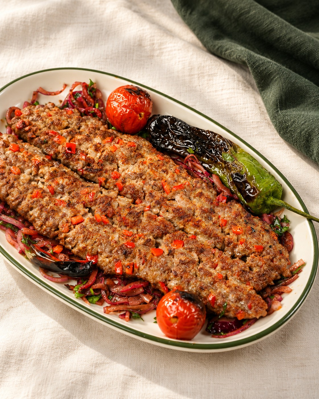 Golab Adana kebabı, közlenmiş domates ve yeşil biber